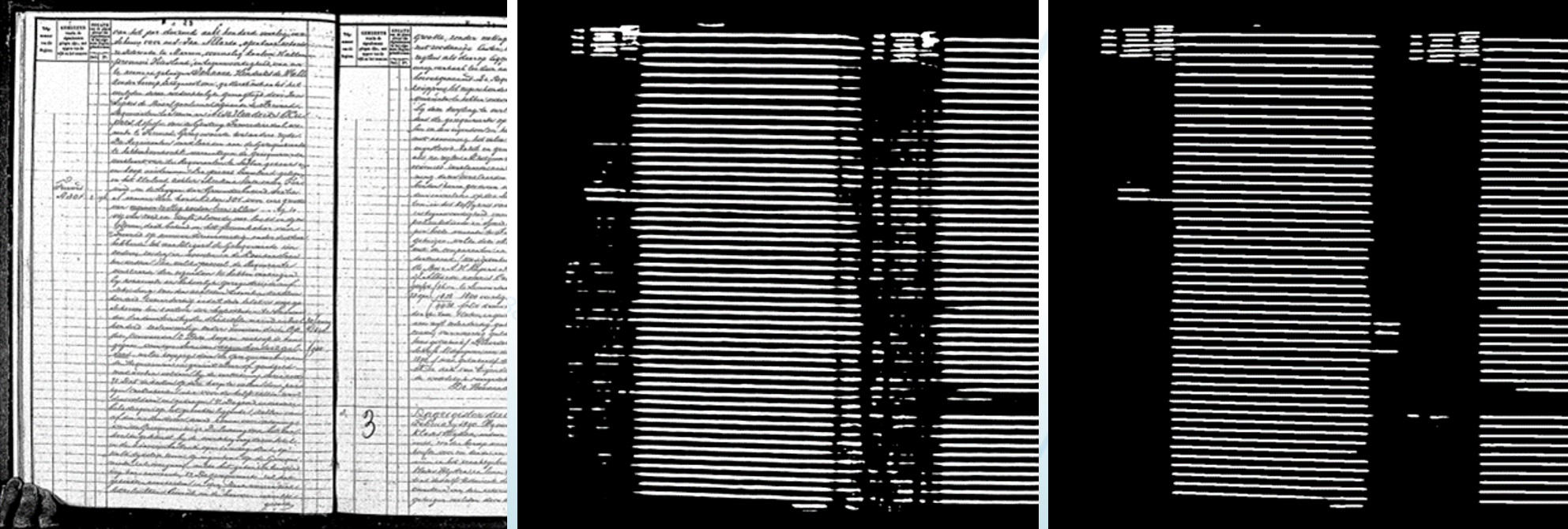 V.l.n.r. scan van een akte, ruisige segmentatie met standaard Loghi tooling, schoner resultaat met data augmentaties en ander model